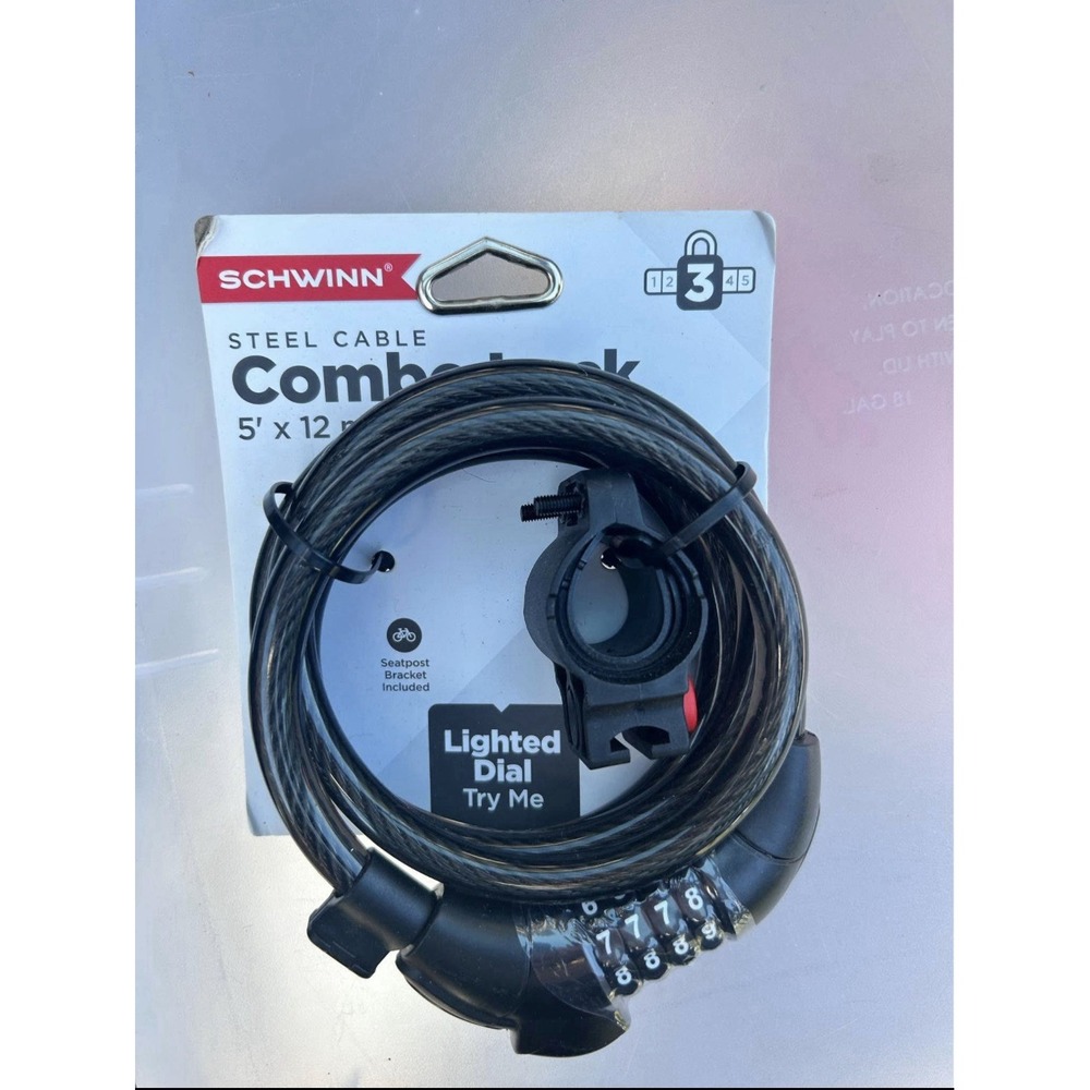 Schwinn Steel Cable Bike Combo Lock 5' x 12mm Resettable w/ Light, Black